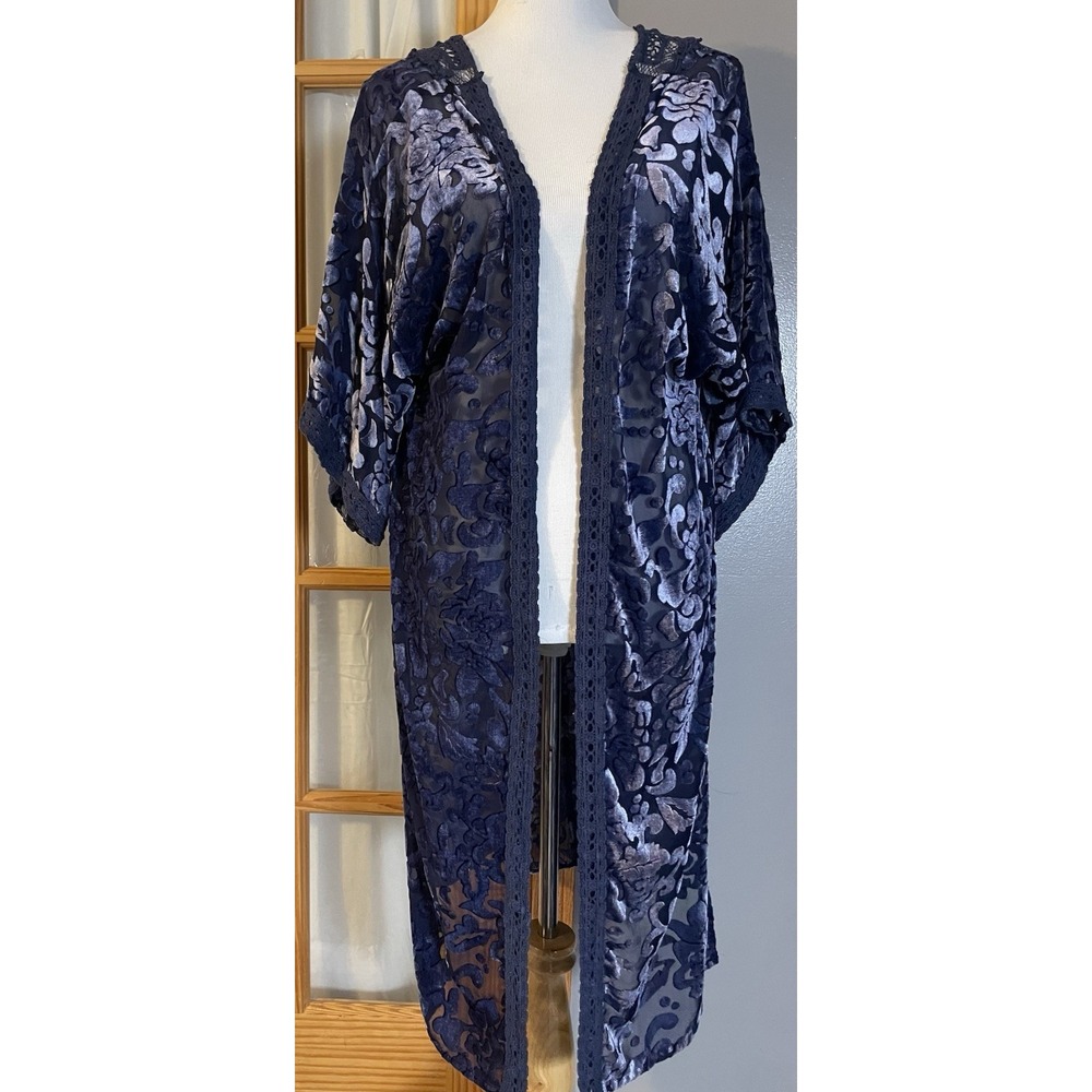 Vtg 90s Roffe Velvet Kimono Duster Cardigan L Crochet Open Front Purple Floral